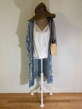 Angie Floral Kimono Cover Up Duster Open Front Blue Purple Bohemian Small